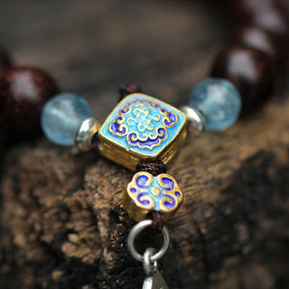 Buddha Gift 925 Sterling Silver Indian Small Leaf Red Sandalwood Aquamarine Full of Gold Star Chinese Knotting Blessing Bracelet