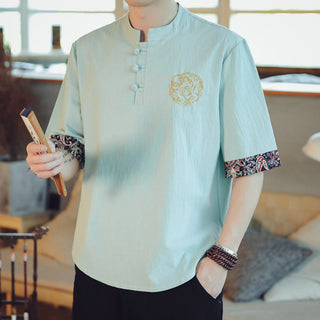 Buddha Gift Frog-Button Dragon Embroidery Chinese Tang Suit Short Sleeve Shirt Linen Men Clothing