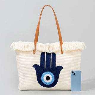 Buddha Gift Large Capacity Evil Eye Leaf Hamsa Tassel Canvas Tote Shoulder Bag