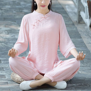Buddha Gift 2Pcs Plain Design Top Pants Meditation Yoga Zen Tai Chi Cotton Linen Clothing Women's Set