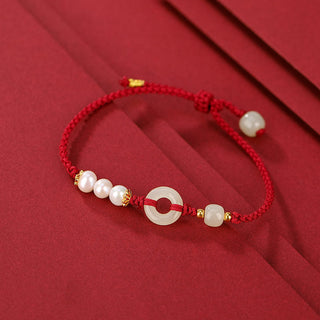 Buddha Gift 925 Sterling Silver Plated Gold Hetian Jade Peace Buckle Pearl Luck Bracelet