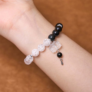Buddha Gift Silver Sheen Obsidian Crackle Clear Quartz Black Rutilated Quartz Yin Yang Lotus Protection Bracelet