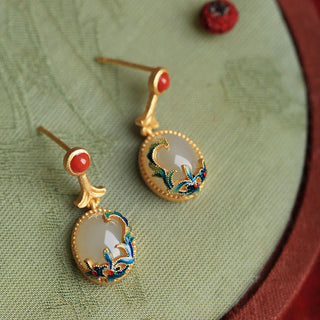 Buddha Gift Vintage Jade Red Agate Abundance Copper Drop Earrings