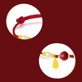 Buddha Gift 24K Gold Plated Hetian White Jade Cinnabar Lotus Luck Rope Bracelet