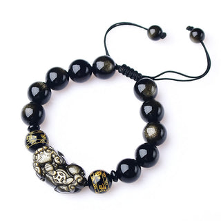 Buddha Gift Natural Gold Sheen Obsidian PiXiu Om Mani Padme Hum Wealth Braided Bracelet