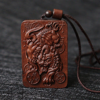 Buddha Gift Natural Lightning Struck Jujube Wood PiXiu Copper Coin Good Fortune Necklace Pendant