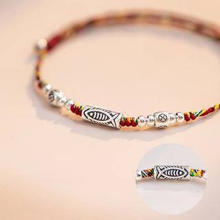 Buddha Gift 925 Sterling Silver Luck Koi Fish Braided Colorful String Bracelet Anklet