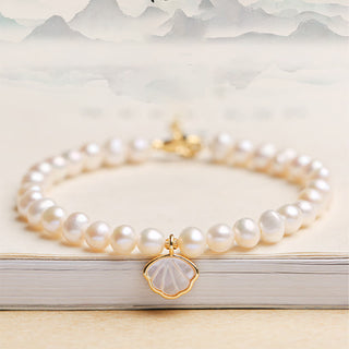 Buddha Gift 14K Gold Plated Natural Pearl Crystal Shell Charm Bead Bracelet