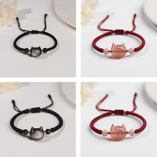 Buddha Gift Handmade Natural Silver Sheen Obsidian Strawberry Quartz Cute Cat Protection Braided Bracelet