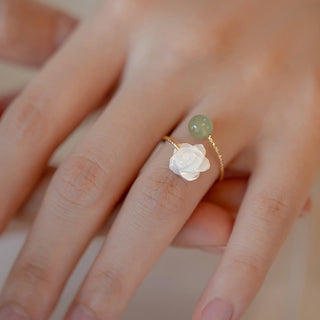 Buddha Gift 14K Gold Plated Tridacna Stone Rose Flower Jade Bead Blessing Ring