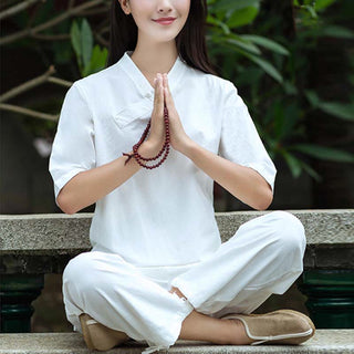 Buddha Gift 2Pcs Half Sleeve V-Neck Shirt Top Pants Meditation Zen Tai Chi Linen Clothing Women's Set