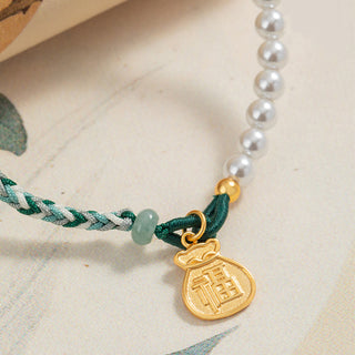 Buddha Gift 925 Sterling Silver Fu Character Lucky Bag Pearl Hetian Jade Wisdom Rope Bracelet