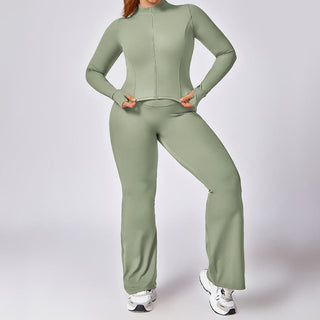 Buddha Gift PLUS SIZE Zip Up Solid Sports Jacket Flared Pants Leggings Gym Yoga Quick Drying Outfits