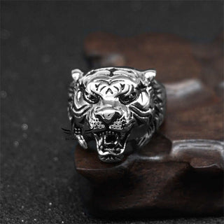 Buddha Gift Men's Animal Tiger Head Titanium Steel Balance Calm Punk Rock Biker Ring