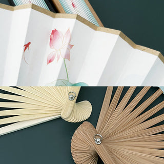 Buddha Gift Retro Lotus Flower Leaf Mountain Lake Handheld Folding Fan With Bamboo Frames