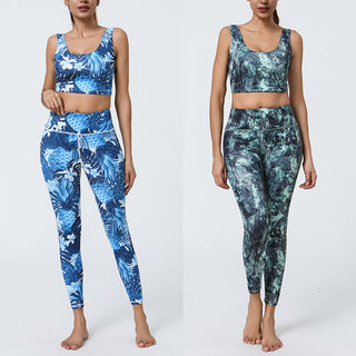 Buddha Gift 2Pcs Pineapple Grass Leaves Print Sports Fitness Crop Tank Bra High Waist Leggings Yoga Pants