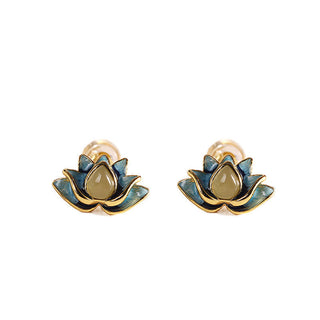 Buddha Gift 925 Sterling Silver Hetian Cyan Jade Lotus Flower Success Earrings