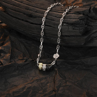 Buddha Gift 925 Sterling Silver Retro Tang Dynasty Flower Design Luck Energy Chain Necklace Pendant