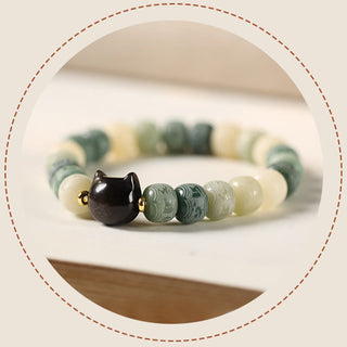 Buddha Gift Bodhi Seed Silver Sheen Obsidian Cat Head Om Mani Padme Hum Engraved Harmony Bracelet