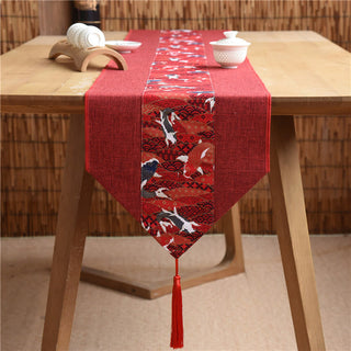 Buddha Gift Classic Chinese Style Lotus Koi Fish Flower Crane Calligraphy Enlightenment Cotton Linen Tassels Table Runner