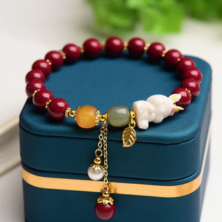 Buddha Gift Year of the Rabbit Cinnabar Hetian Jade Bunny Beaded Blessing Bracelet