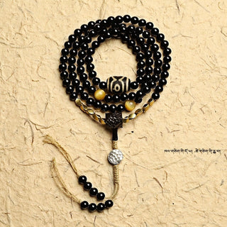 Buddha Gift Tibetan 108 Mala Beads Black Onyx Three-eyed Dzi Beads Protection Bracelet