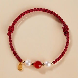 Buddha Gift 925 Sterling Silver Good Fortune Fu Character Agate Pearl Red String Braid Bracelet