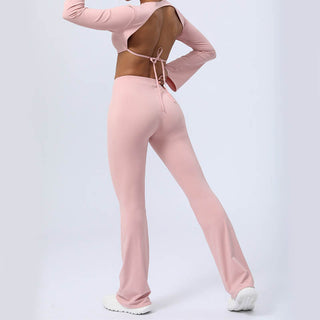 Buddha Gift Long Sleeve Backless Strap Top Bra Flare Pants Fitness Yoga Outfit