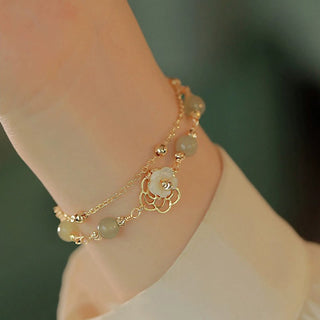 Buddha Gift 14K Gold Plated Jade Butterfly Tridacna Stone Flower Double Layer Luck Bracelet