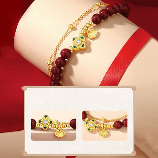 Buddha Gift 925 Sterling Silver Natural Cinnabar Four Leaf Clover Flower Blessing Chain Bracelet