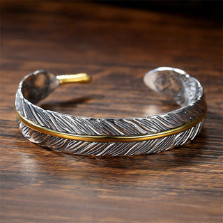 Buddha Gift Feather Pattern Carved Luck Wealth Cuff Bracelet Bangle