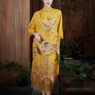 Buddha Gift 100% Mulberry Silk Organza Dress Embroidered Yellow Phoenix Qipao Cheongsam Dress