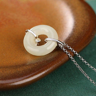 Buddha Gift 925 Sterling Silver Hetian Jade Peace Buckle Flower Luck Necklace Pendant