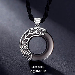 Buddha Gift 12 Constellations of the Zodiac Ice Obsidian Blessing Round Pendant Necklace
