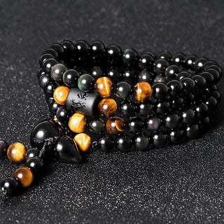 Buddha Gift Natural Black Obsidian Rainbow Obsidian Gourd Blessing Bracelet Mala
