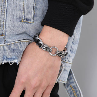 Buddha Gift Dragon Leather Titanium Steel Protection Luck Braided Bracelet