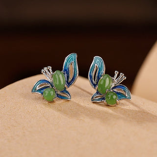 Buddha Gift 925 Sterling Silver Plated Gold Natural Cyan Jade Butterfly Luck Healing Earrings