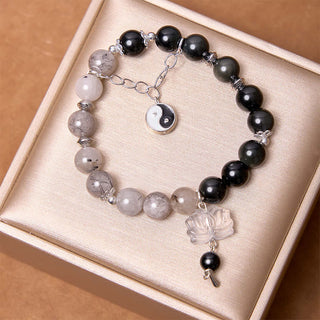 Buddha Gift Silver Sheen Obsidian Crackle Clear Quartz Black Rutilated Quartz Yin Yang Lotus Protection Bracelet