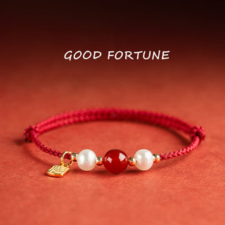 Buddha Gift 925 Sterling Silver Good Fortune Fu Character Agate Pearl Red String Braid Bracelet