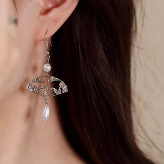 Buddha Gift Copper Fan Auspicious Clouds Pearl Healing Drop Earrings