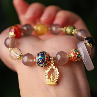 Buddha Gift Natural Gray Agate Five Directions Gods of Wealth Om Mani Padme Hum Buddha Charm Bracelet