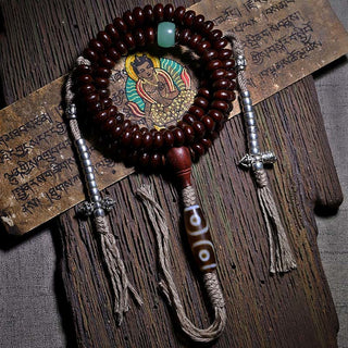 Buddha Gift Natural Tibet 108 Mala Beads Purple Bodhi Seed Three-eyed Dzi Bead Copper Dorje Harmony Bracelet
