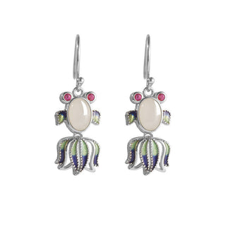 Buddha Gift 925 Sterling Silver Hetian White Jade Red Agate Cute Fish Happiness Drop Earrings