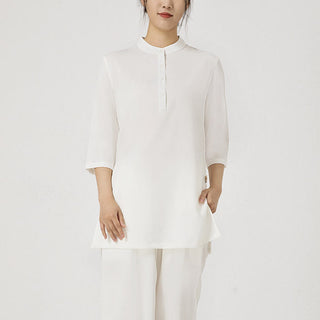 Buddha Gift 2Pcs Solid Color Three Quarter Shirt Top Pants Meditation Zen Tai Chi Cotton Linen Clothing Women's Set