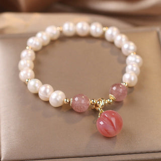 Buddha Gift Natural Pearl Strawberry Quartz Peach Love Heart Wisdom Charm Bracelet