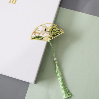Buddha Gift Traditional Butterfly Lotus Flower Crane Dragon Phoenix Fox Koi Fish New Beginning Metal Brass Hollow Fan Bookmarks