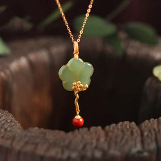 Buddha Gift Vintage Plum Blossom Flower Jade Red Agate Prosperity Necklace Pendant