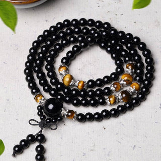 Buddha Gift 108 Beads Natural Black Obsidian Tiger Eye Mala Bracelet