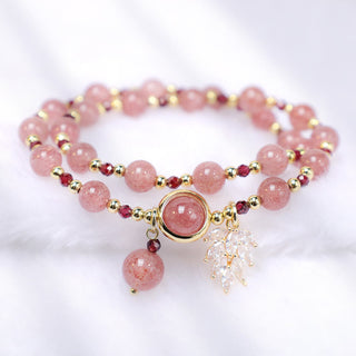 Buddha Gift Natural Strawberry Quartz Love Healing Maple Leaf Charm Double Wrap Bracelet