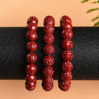 Buddha Gift Natural Cinnabar Om Mani Padme Hum Fret Pattern Lotus Blessing Bracelet